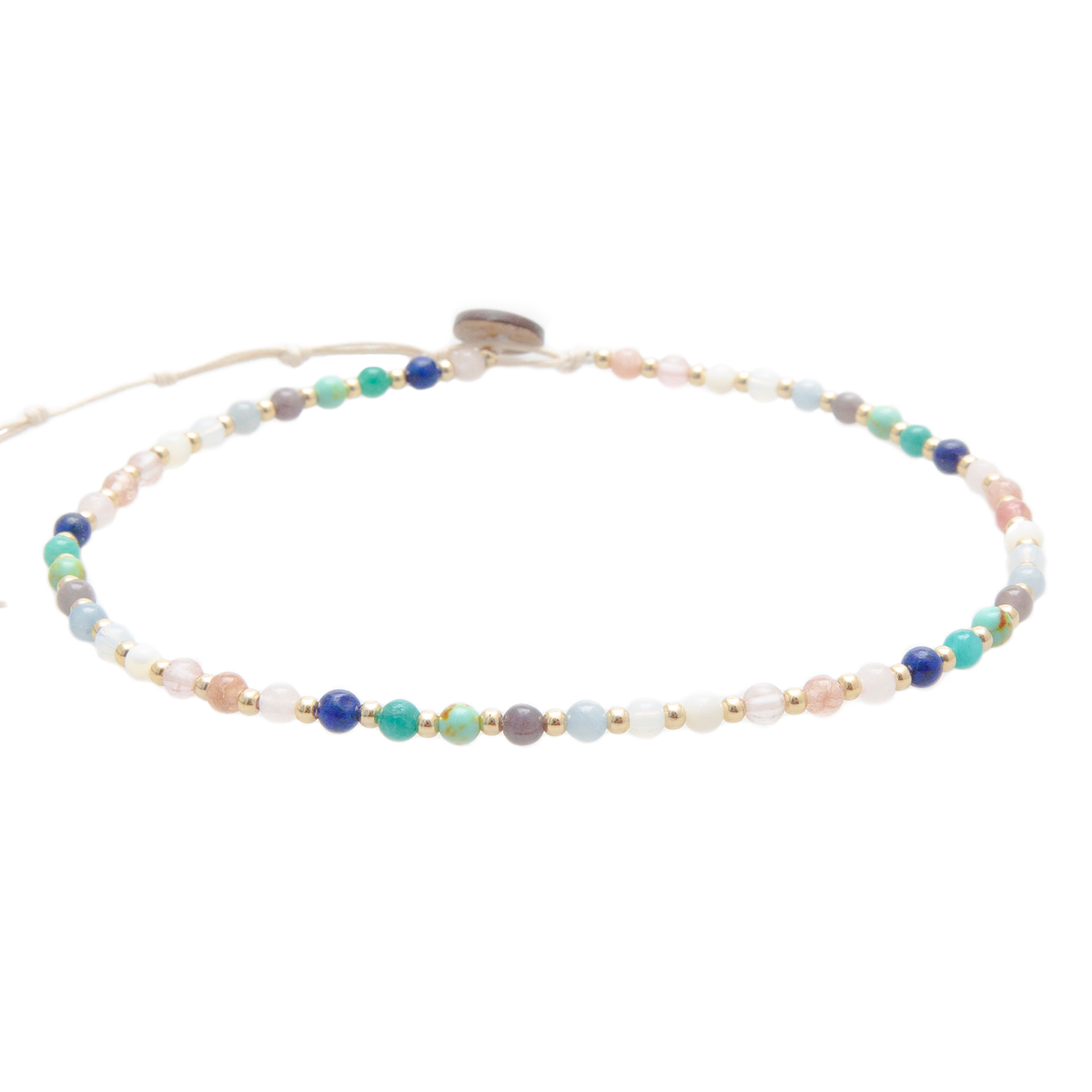 4mm multicolor stone and gold bead healing necklace with a coconut button clasp
