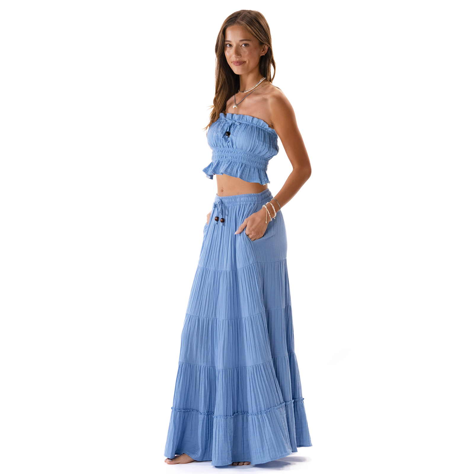 Denim Blue Coastal Tube Top & Shipwrecked Maxi Skirt Set - LotusAndLuna Denim Blue Coastal Tube Top & Shipwrecked Maxi Skirt Set - LotusAndLuna