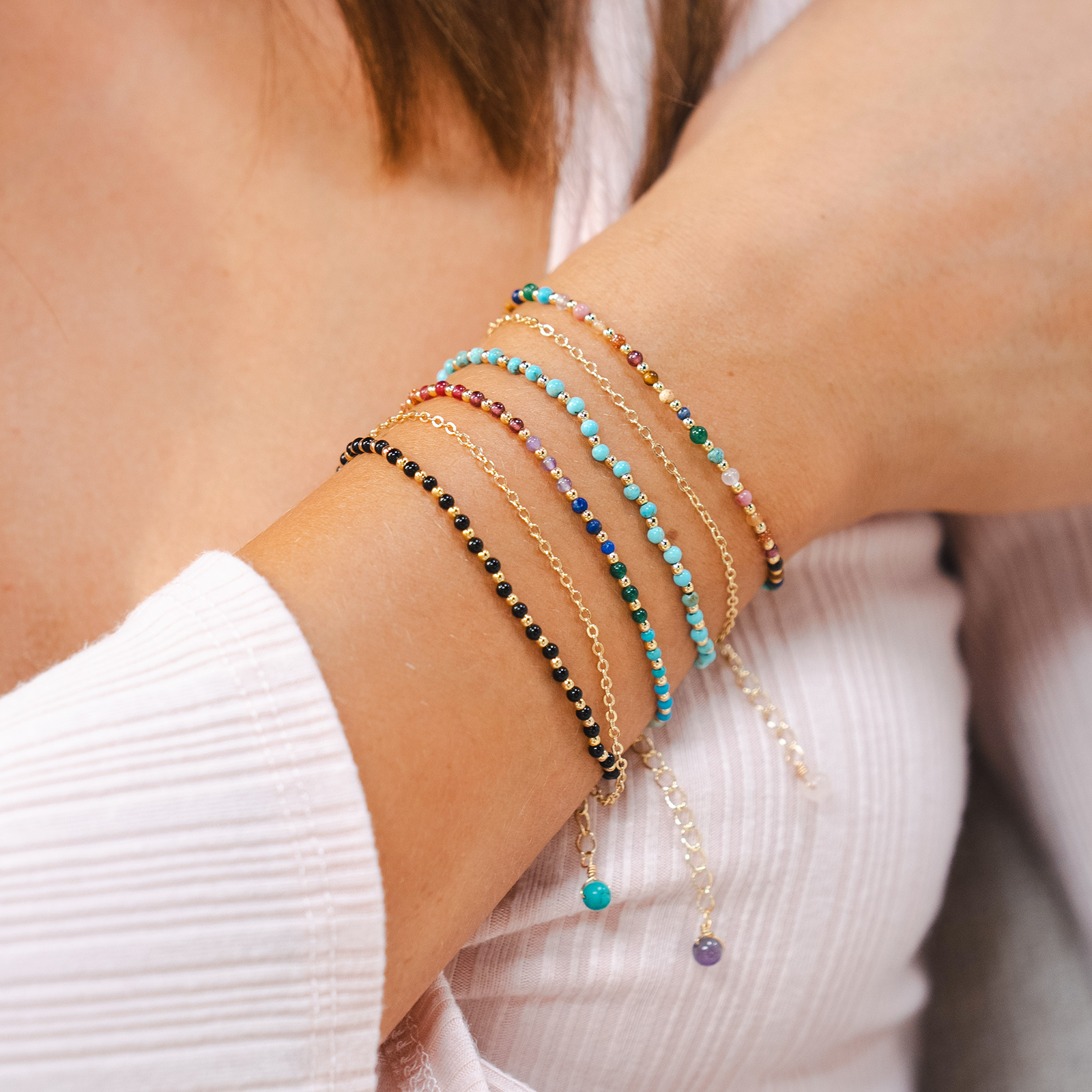Dainty bracelet with assorted multi-color stones and gold beads