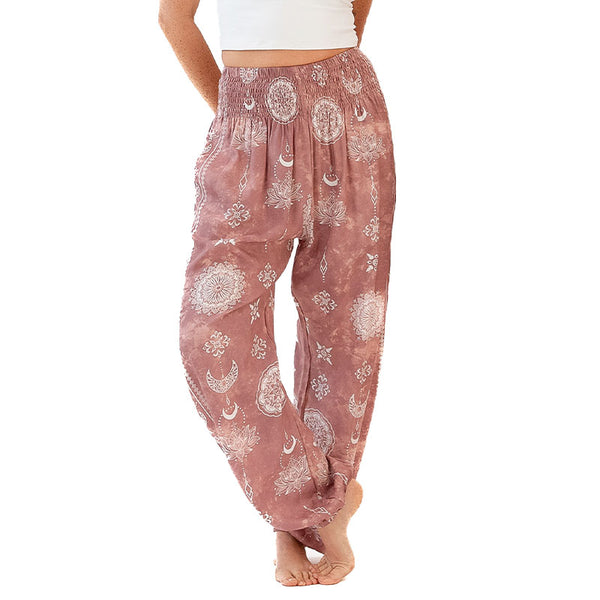 Cotton Pink And White Lotus Women's Elastic Waist Harem Pants