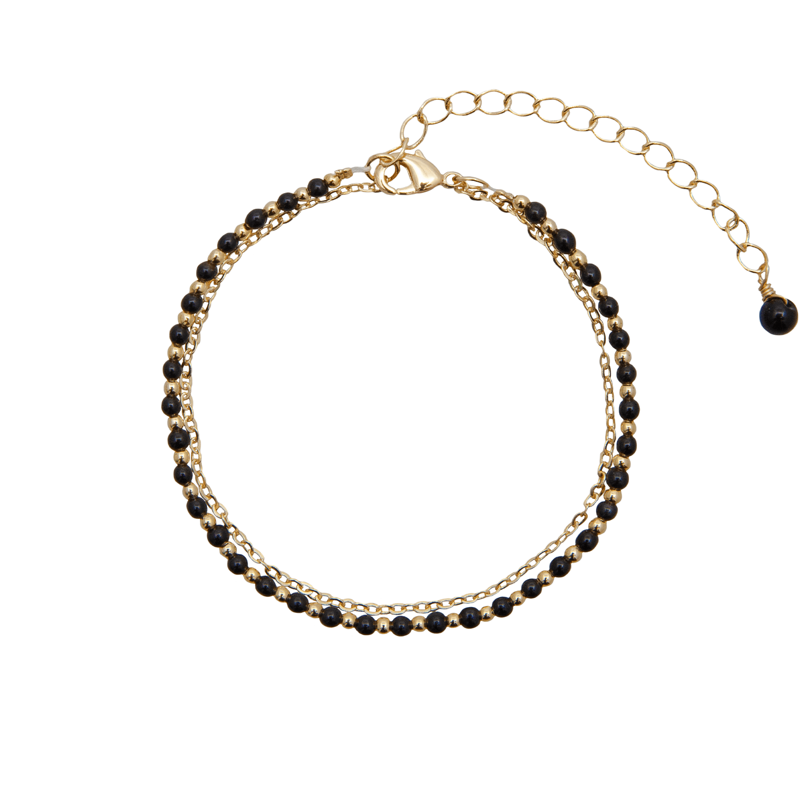 2mm onyx stone and gold bead healing bracelet with an attached gold chain bracelet