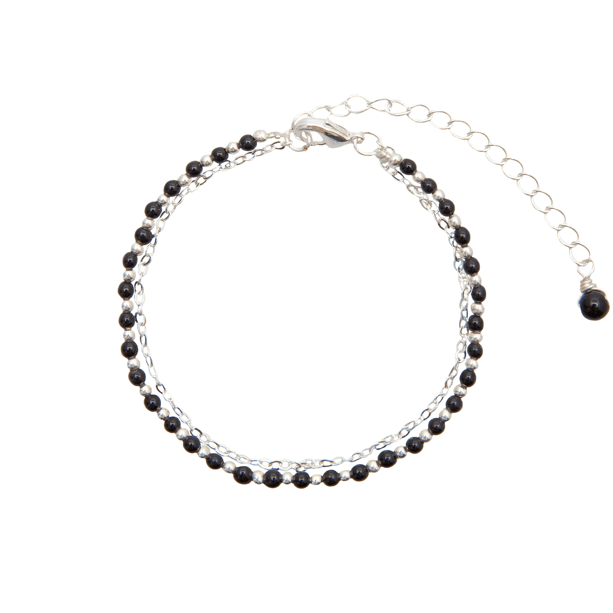 2mm onyx stone and silver bead healing bracelet with an attached silver chain bracelet