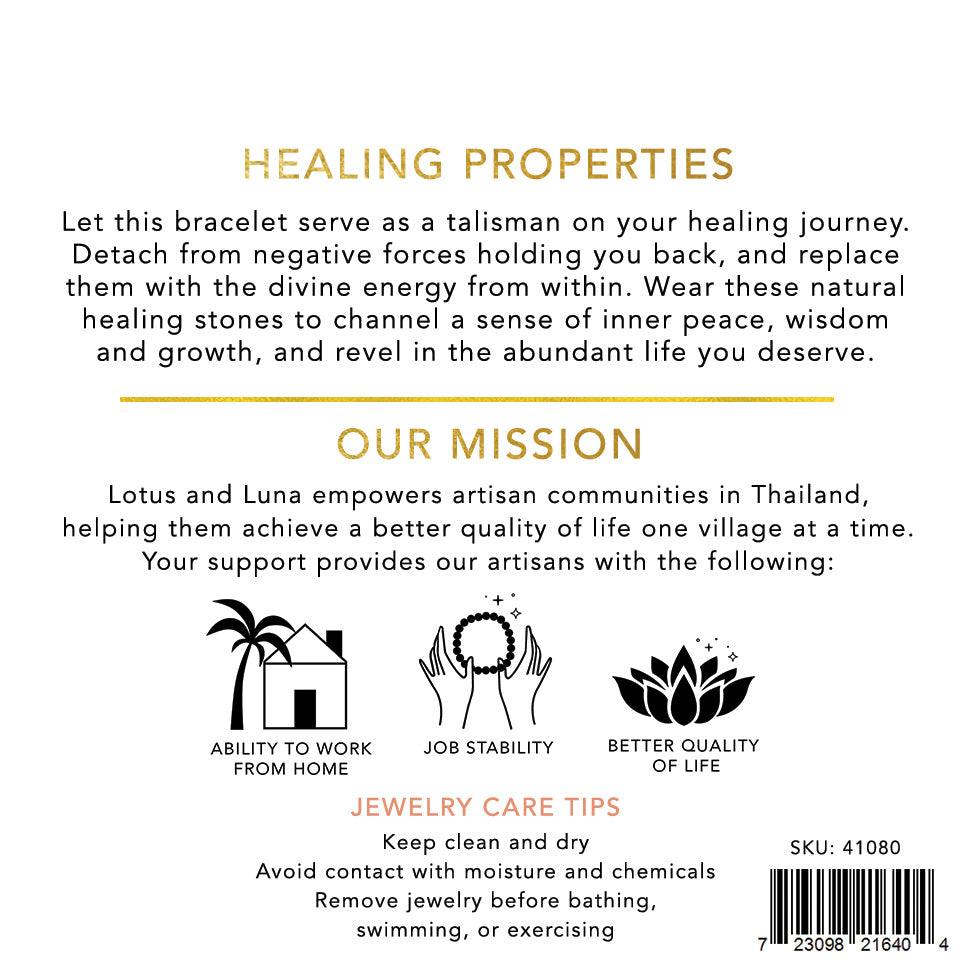 Back of jewelry card that states Lotus and Luna&#39;s mission and the healing properties of the bracelet