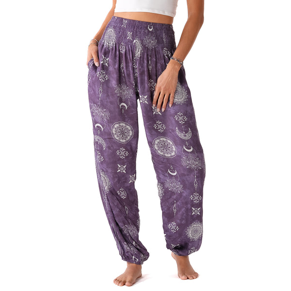 Blooming Lotus Om Symbol Pattern Women's Elastic Waist Harem Pure Cotton Pants