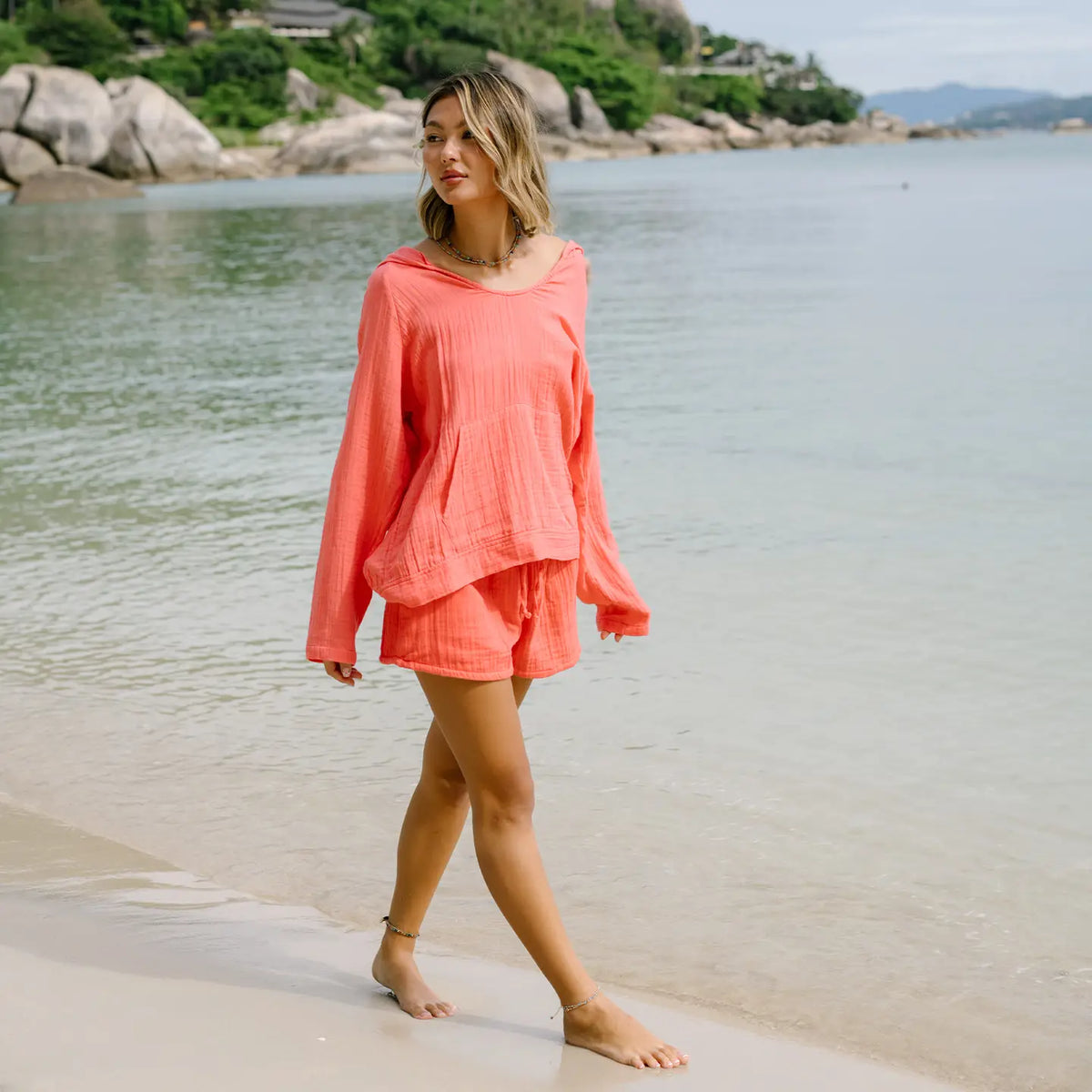 Bright Coral Cotton Cabana Shorts