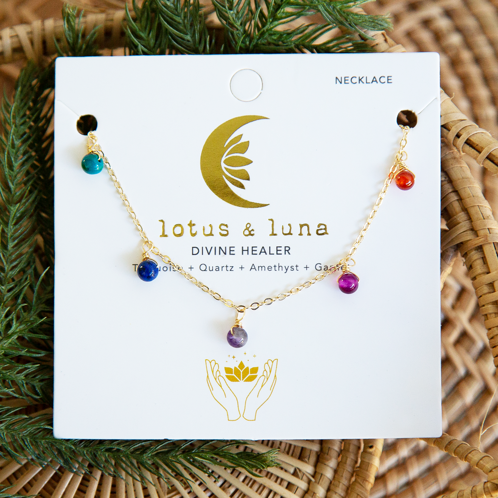 Multicolor stone dewdrop charm healing necklace on gold chain