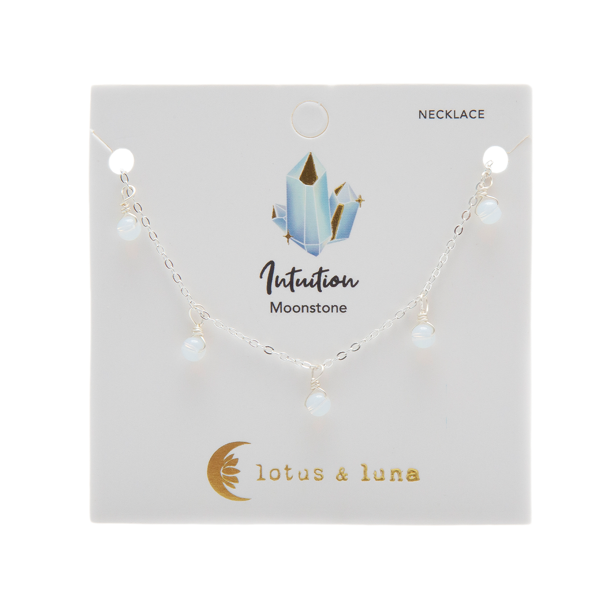 Moonstone dewdrop charm necklace on silver chain on packaging
