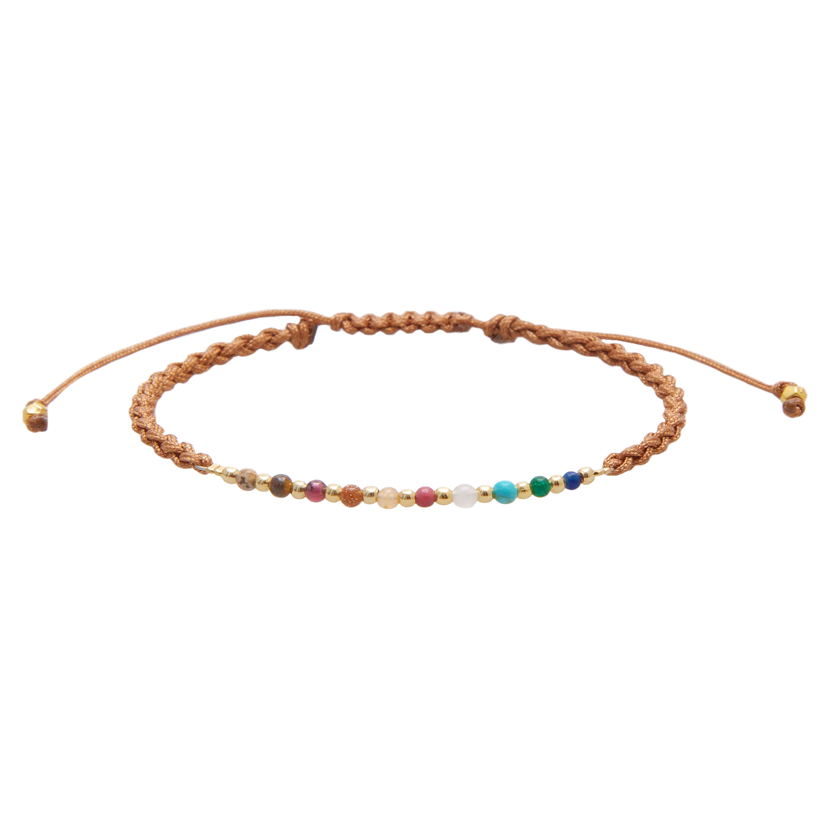 2mm multicolor stone and gold bead healing bracelet with a brown cotton braided cord.