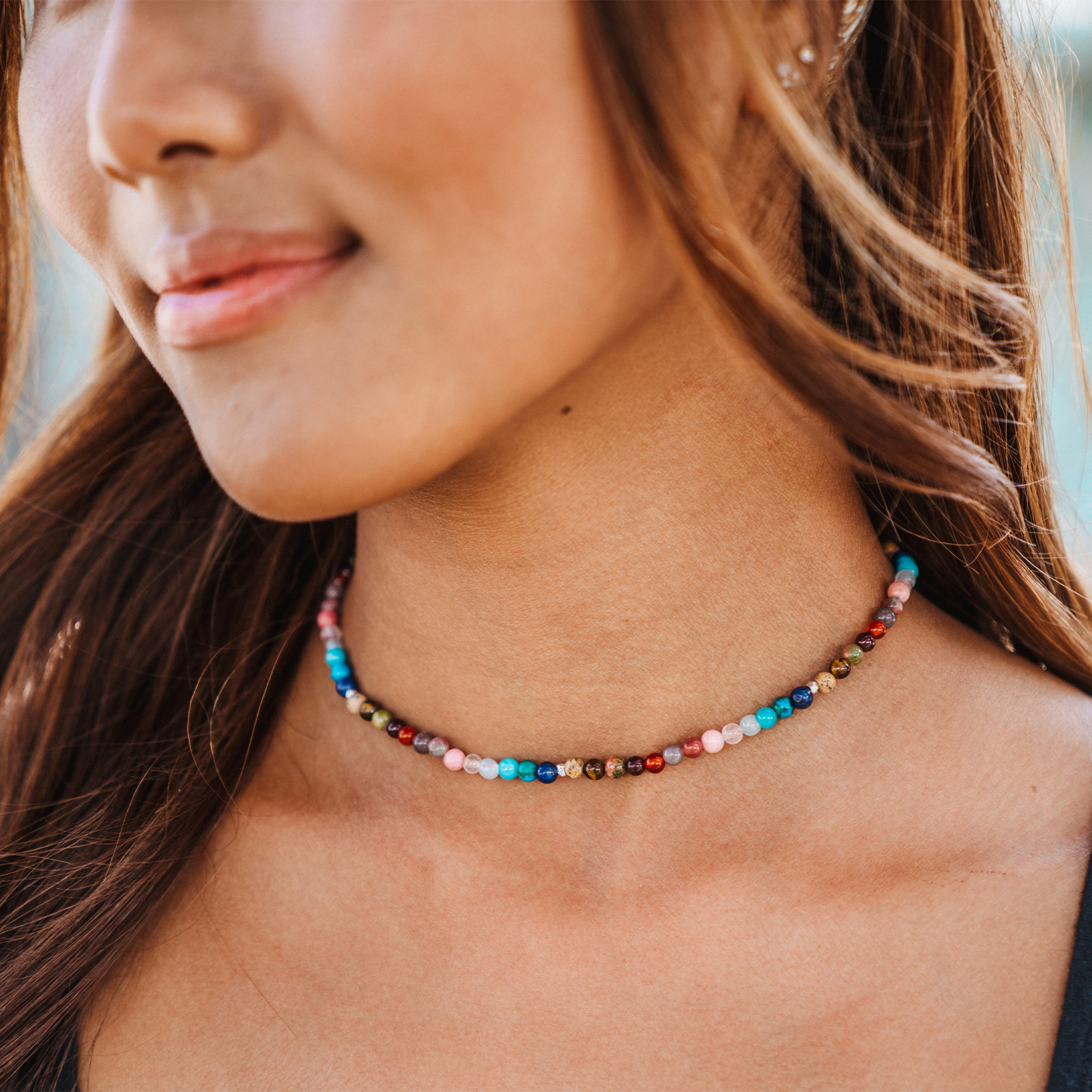 Master Healer 4mm Healing Necklace, worn on neck close-up