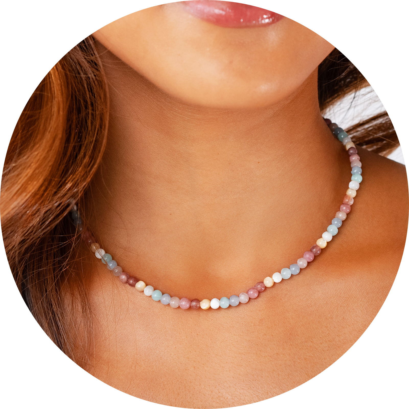 4mm pink, light blue and white stone healing necklace