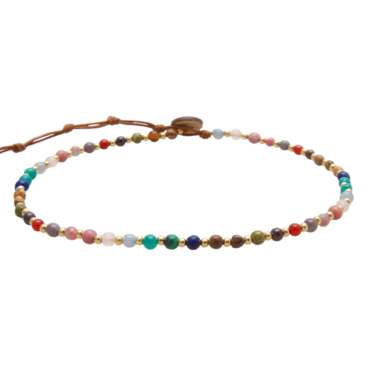 4mm multicolor stone and gold bead healing necklace with a coconut button clasp