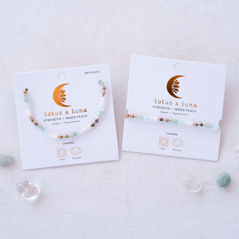 Strength + Inner Peace Bracelet and Necklace on cards