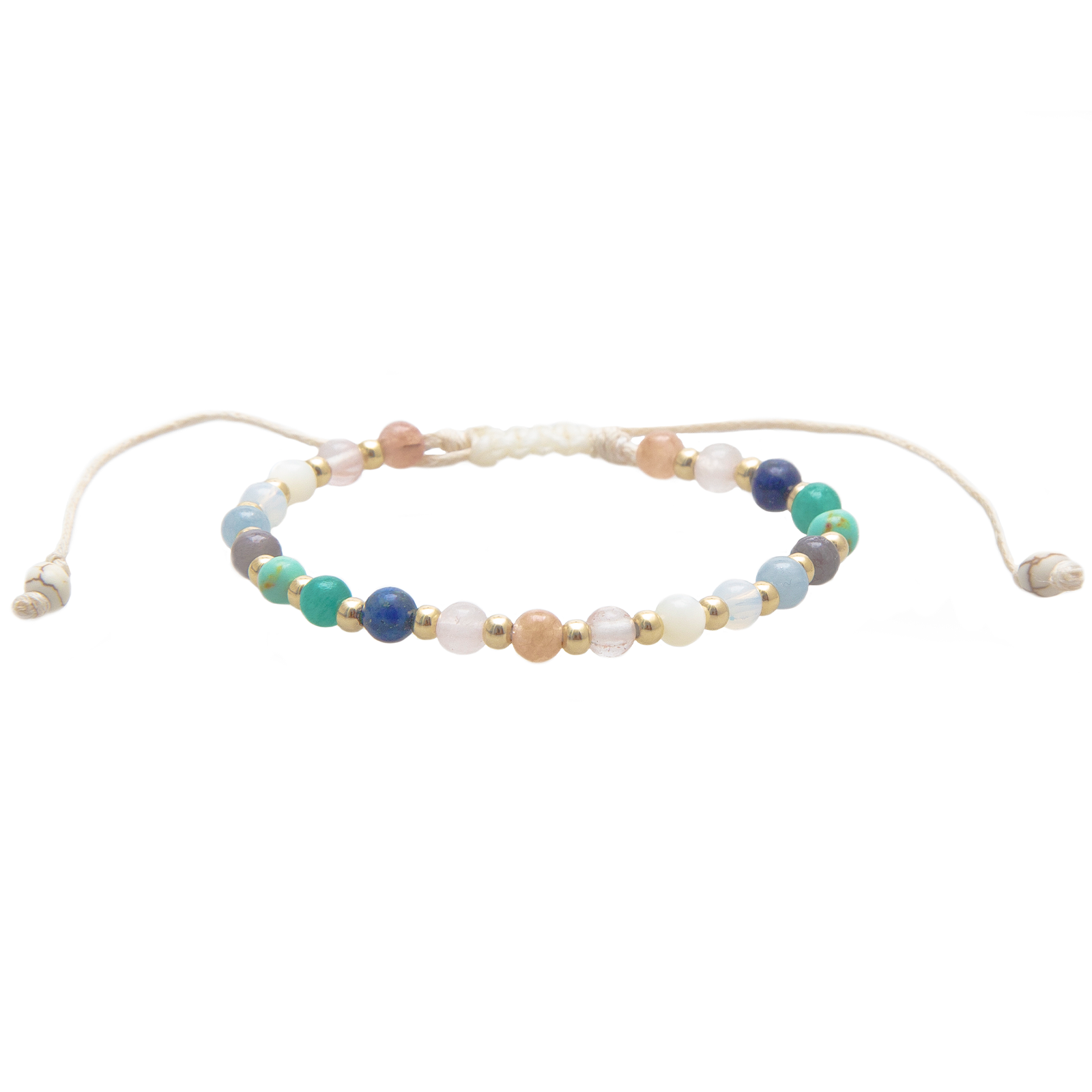 4mm multicolor stone and gold bead healing bracelet with a white cotton pull through closure