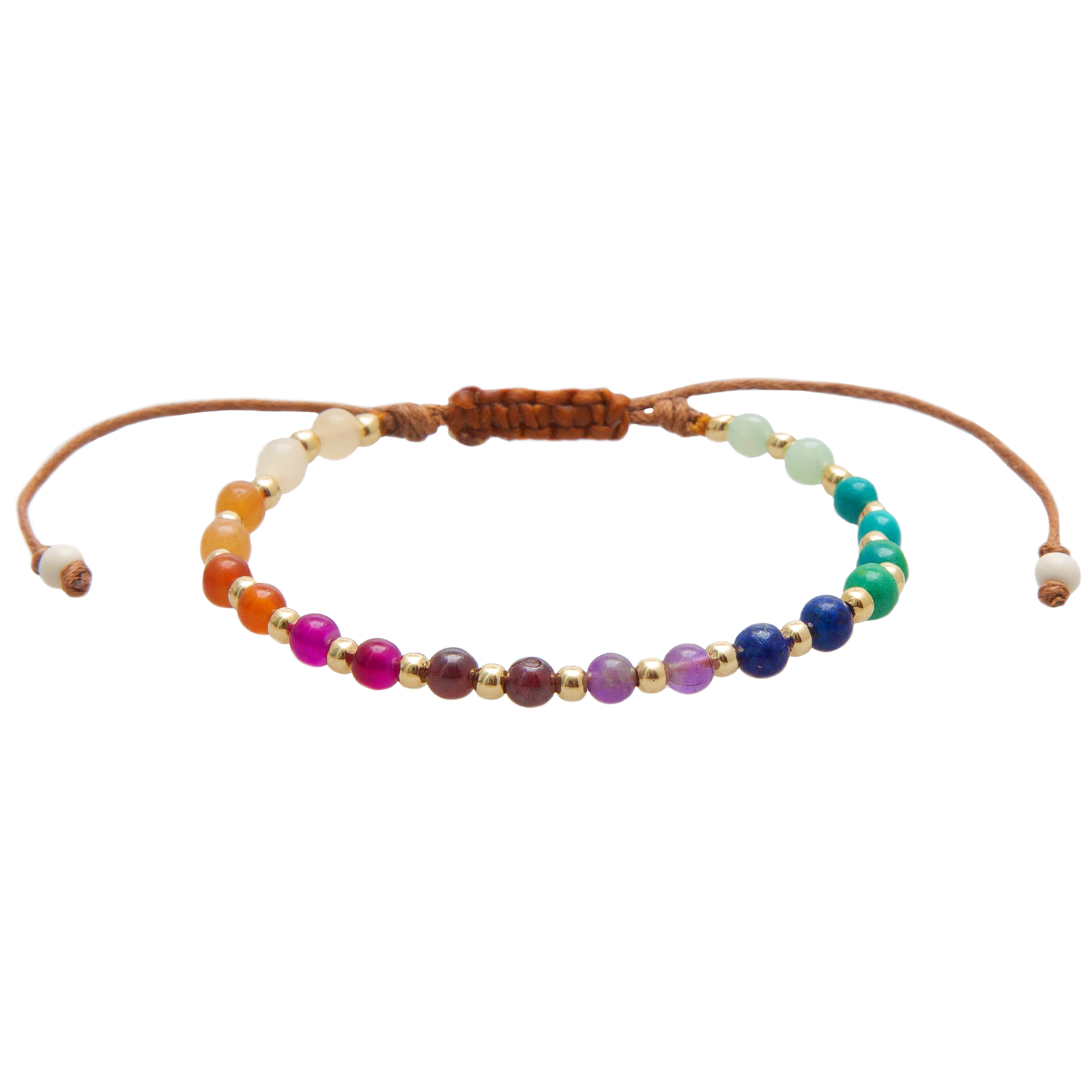4mm multicolor stone and gold bead healing bracelet with a brown cotton pull through closure