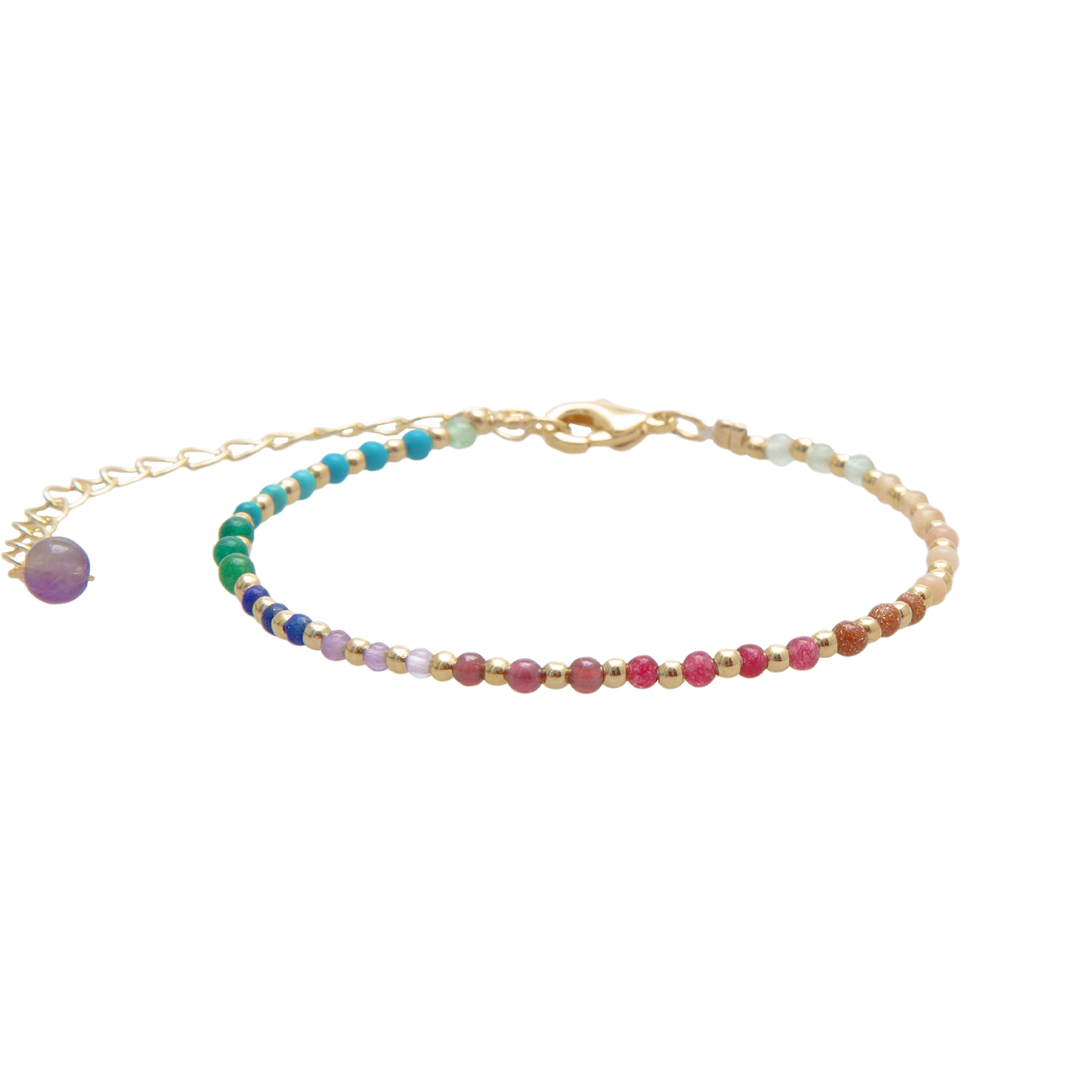 2mm multicolor stone and gold bead healing bracelet with gold chain