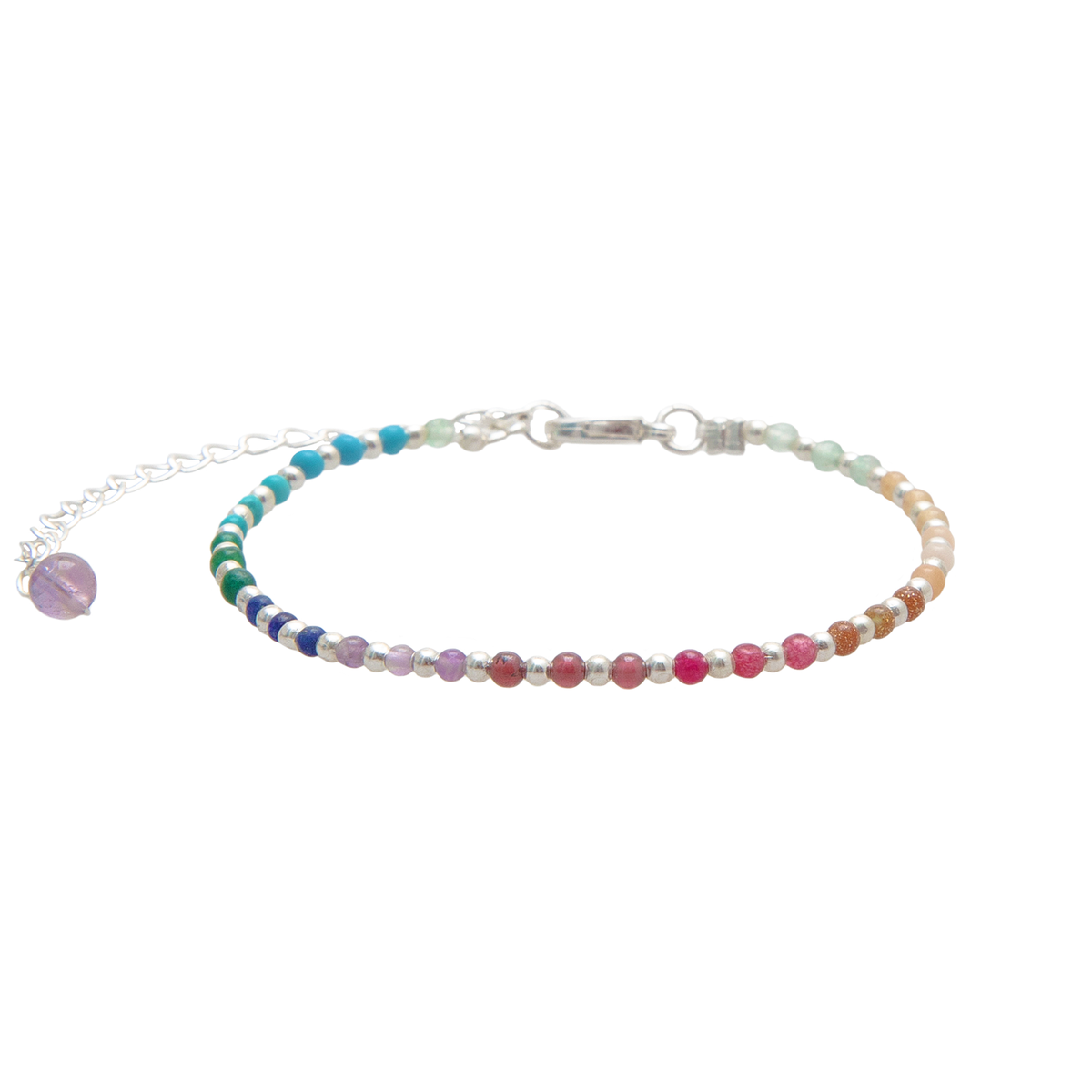 2mm multicolor stone and silver bead healing bracelet on a silver chain