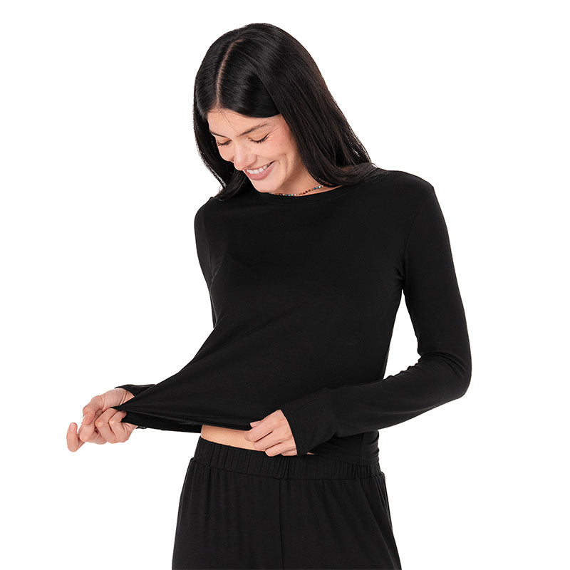 Black Modal Halo Long Sleeve Top, front stretching hem