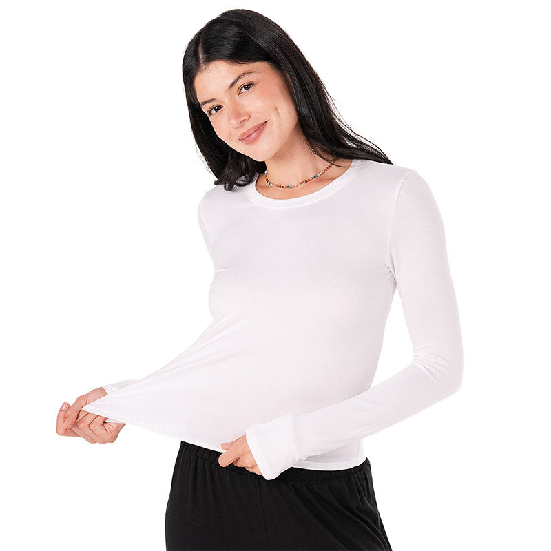 White Modal Halo Long Sleeve Top, front stretching hem