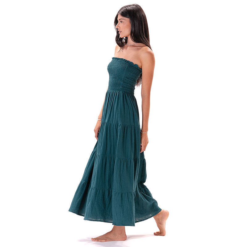 Verdigris Cotton Mai Tai Strapless Maxi Dress