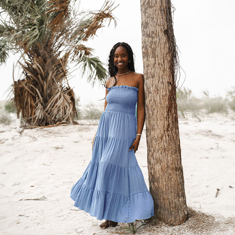 Denim Blue Cotton Mai Tai Strapless Maxi Dress