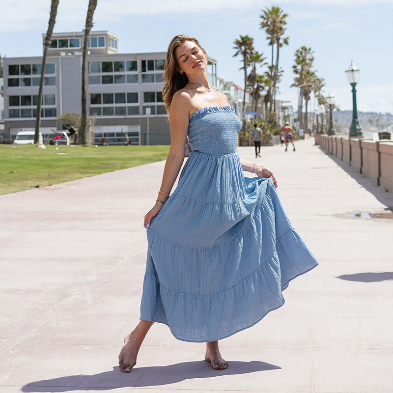 Denim Blue Cotton Mai Tai Strapless Maxi Dress