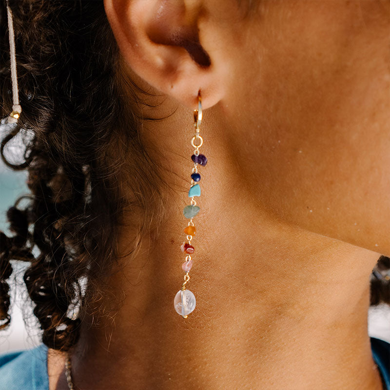 7 Chakras Raw Stone Earrings, on ear