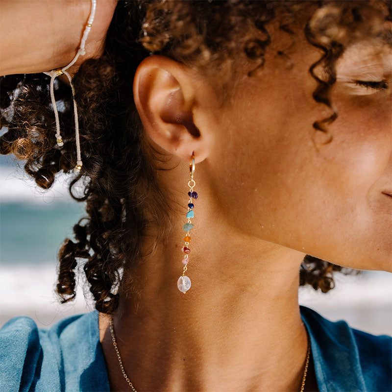 7 Chakras Raw Stone Earrings, worn on the beach
