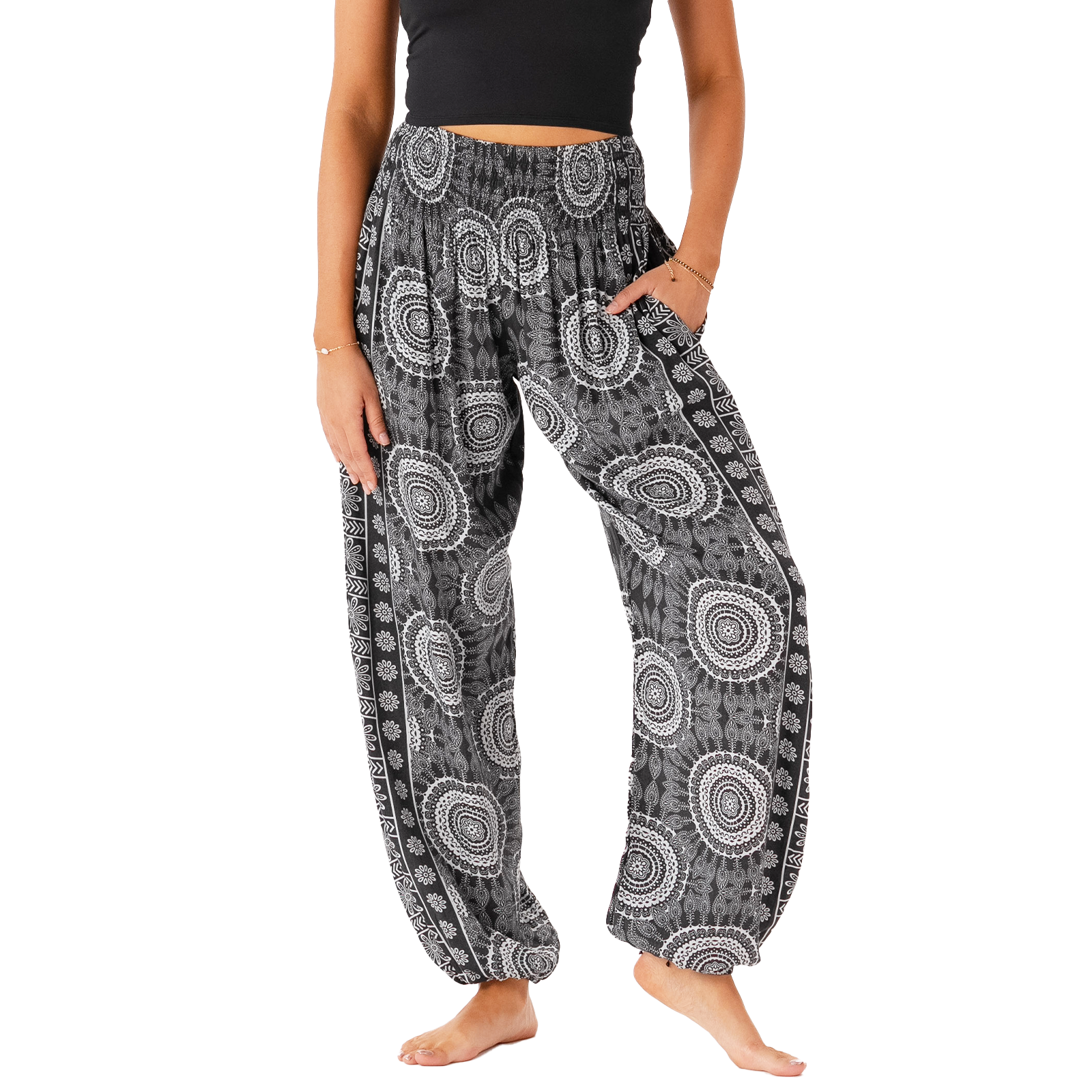 Model wearing faded black and cream mandala print harem pants