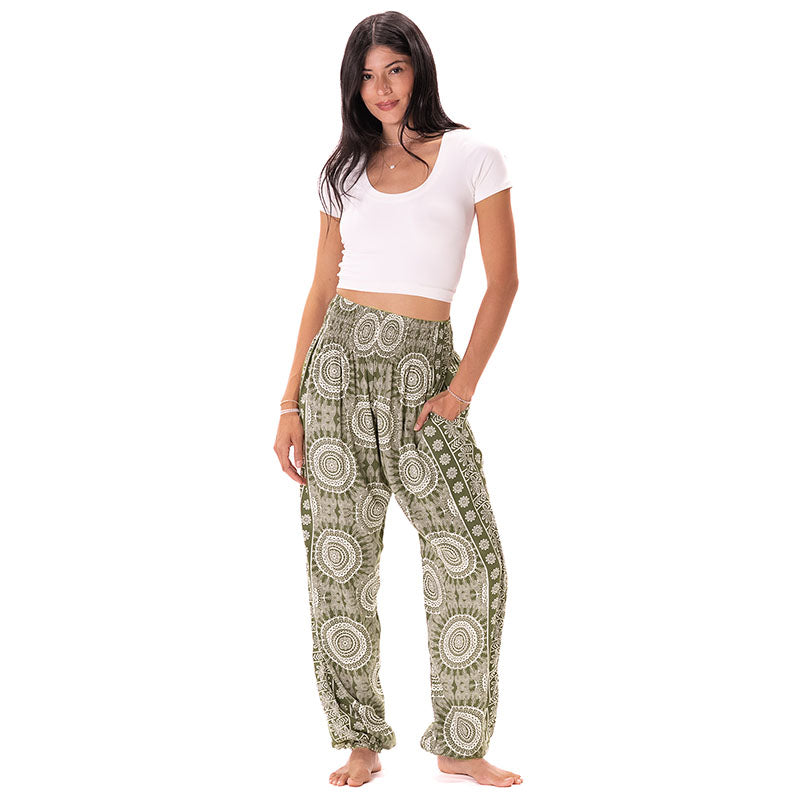 Misprint Tuscany Harem Pants, warmer olive than regular Tuscany, front full body