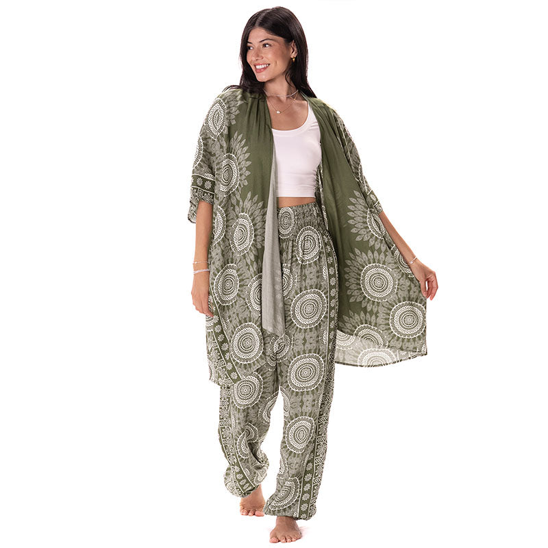 Misprint Tuscany Kimono, warmer olive than regular Tuscany, front, open