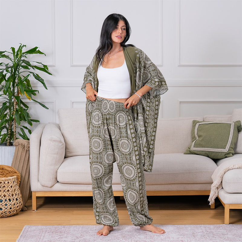 Misprint Tuscany Kimono, warmer olive than regular Tuscany, with pants in a living room