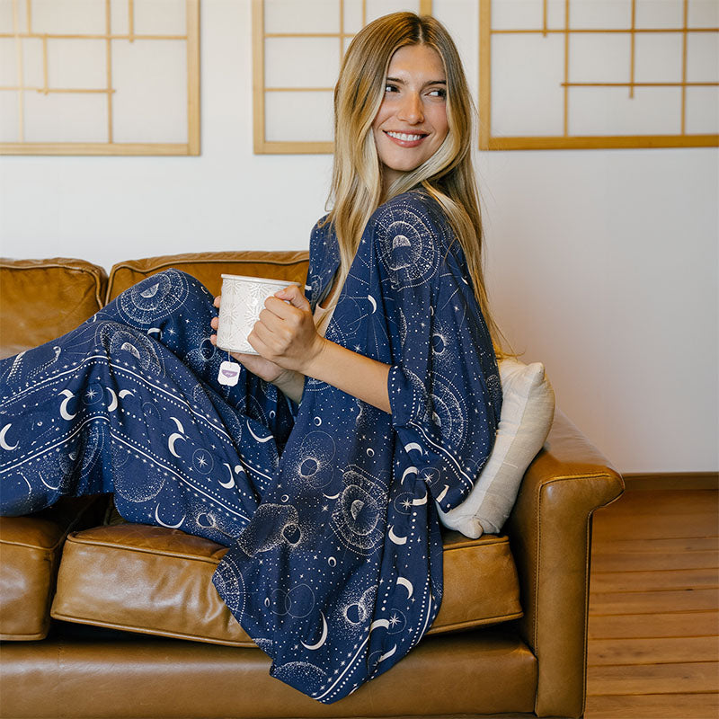 Sapphire Moonlight Kimono and Harem Pants, worn seated sideways on sofa holding mug