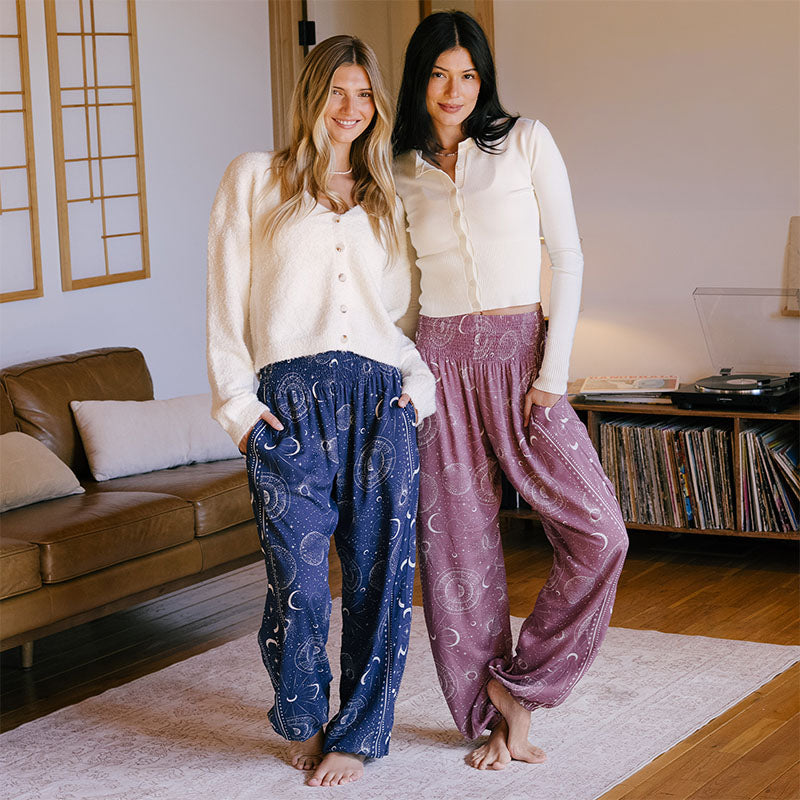 Mauve and Sapphire Moonlight Harem Pants, two models in a living room