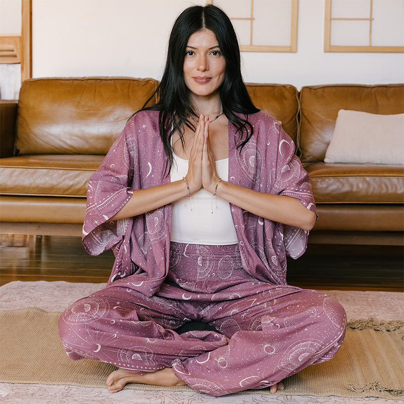 Mauve Moonlight Kimono and Harem Pants, worn seated in prayer pose