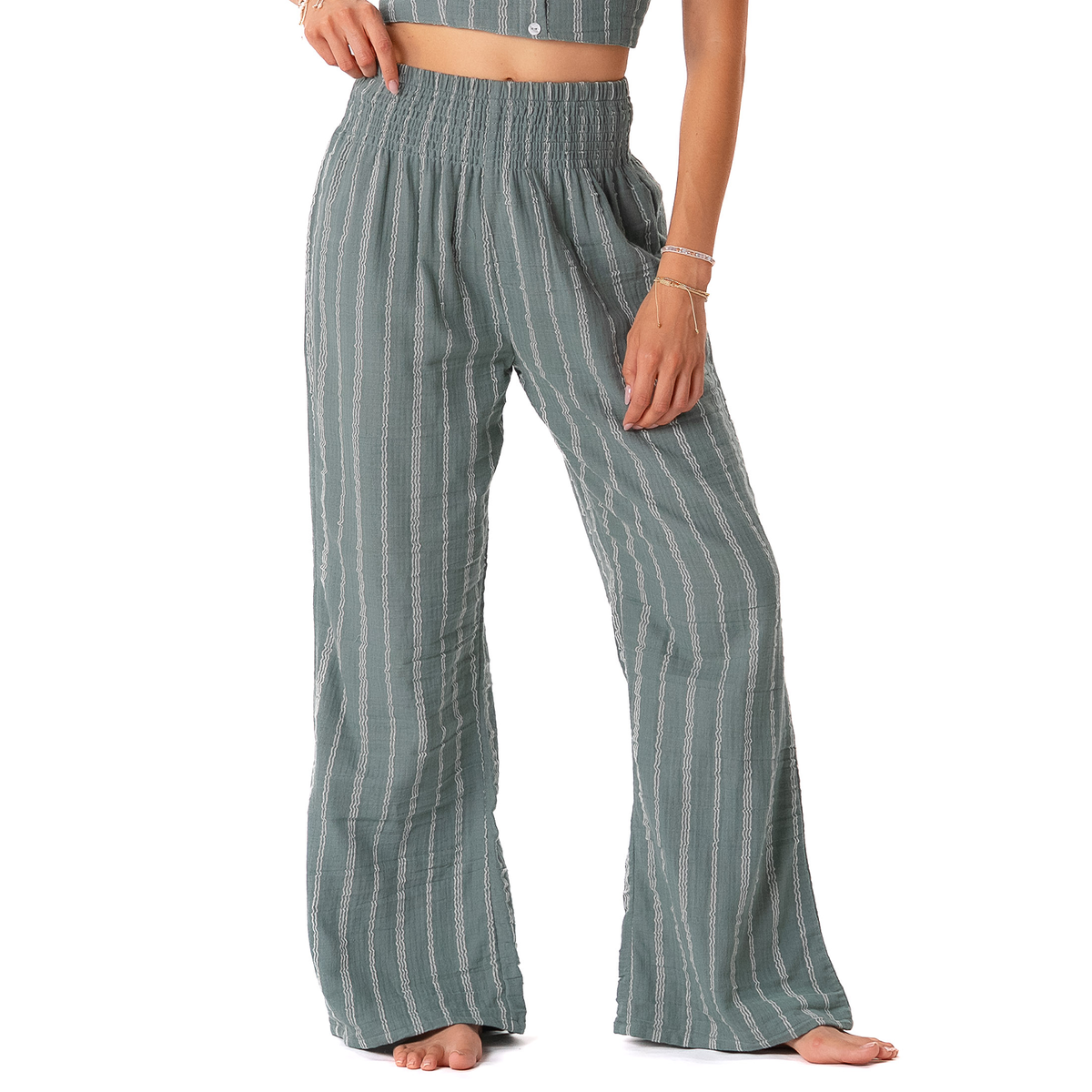 Sage Sailor Stripe Wide Leg Cotton Pants
