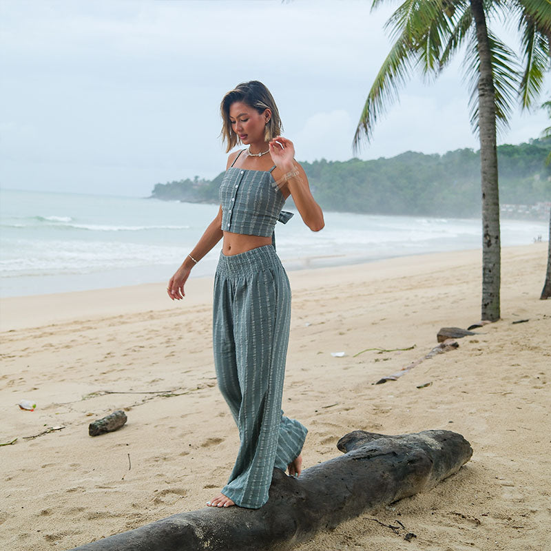 Sage Sailor Stripe Wide Leg Cotton Pants