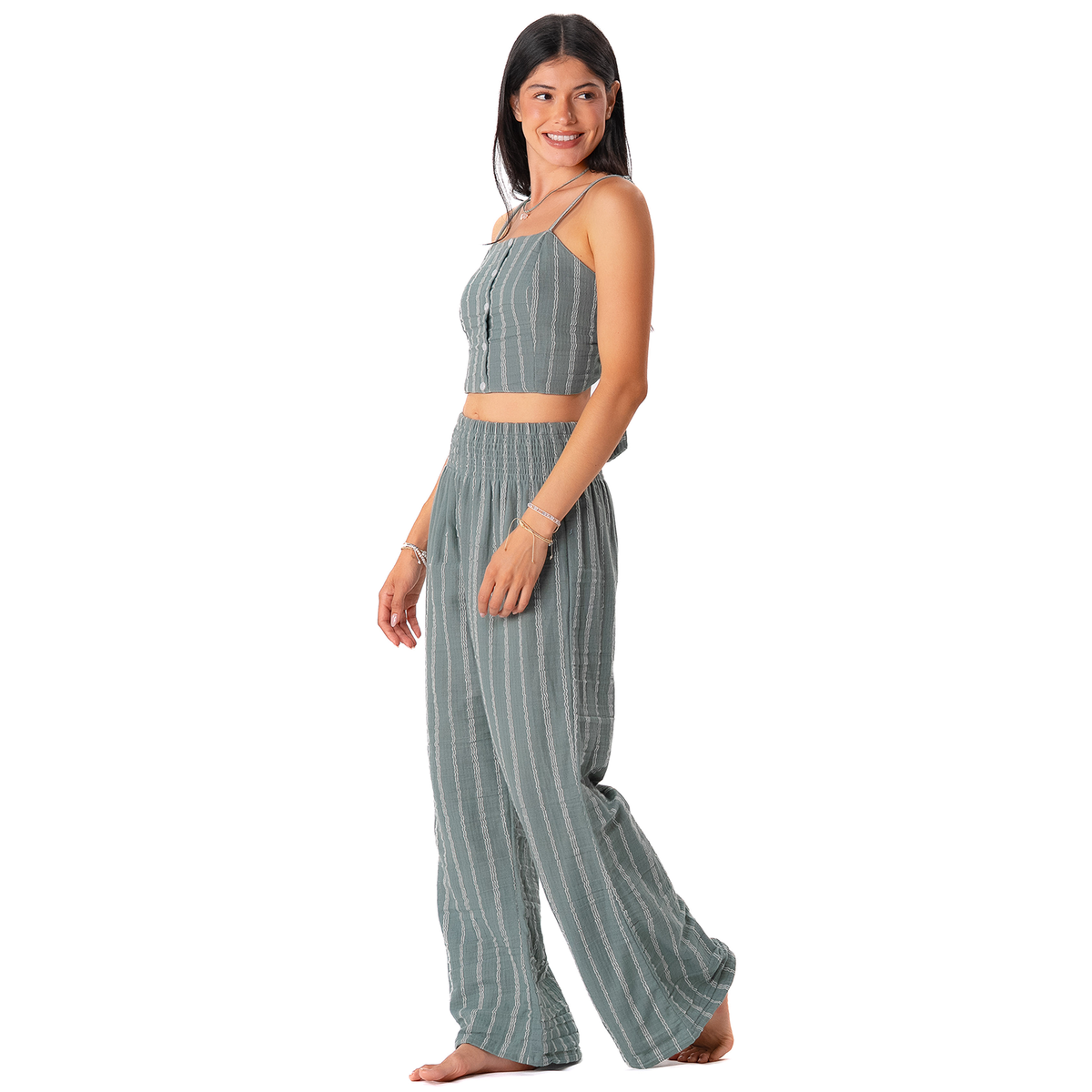 Sage Sailor Stripe Wide Leg Cotton Pants