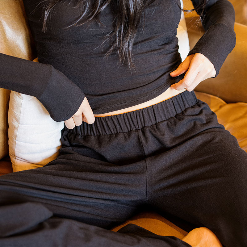 Black Modal Sway Wide Leg Pants, waistband detail seated