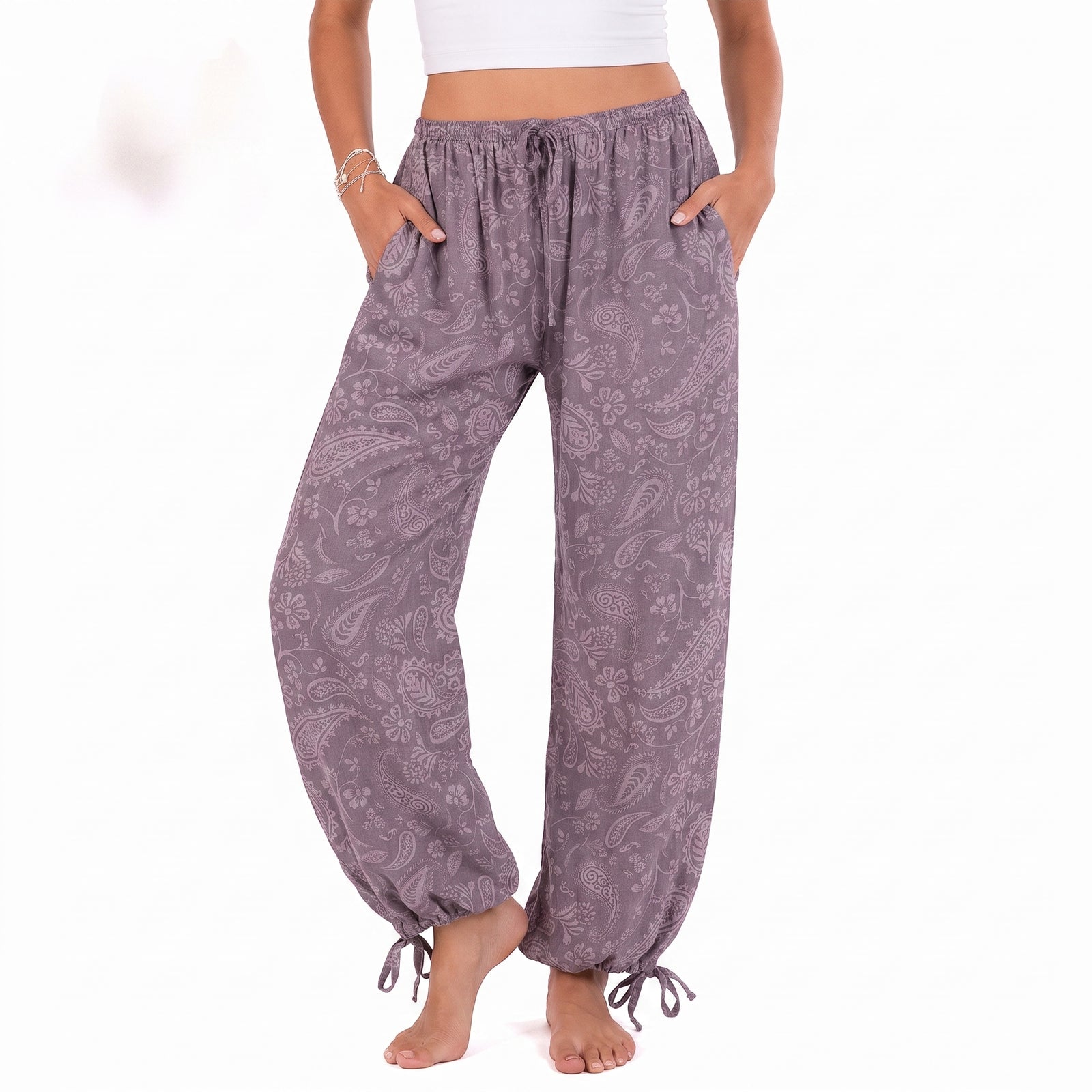 Frosted Plum Paisley Adventure Cargo Pants, front
