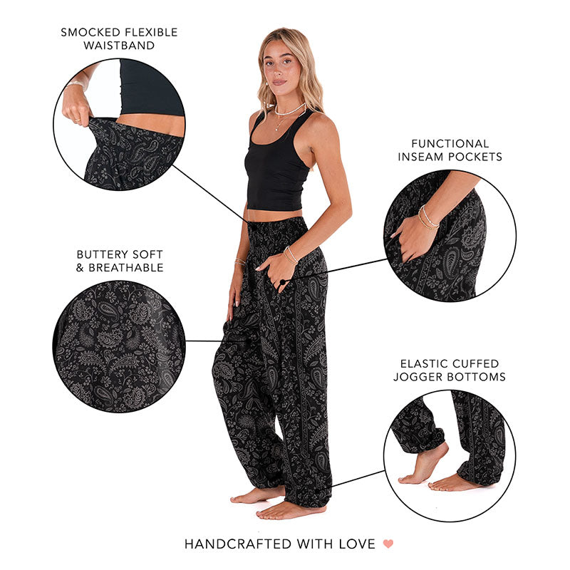 Shadow Paisley Harem Pants, feature callout graphic