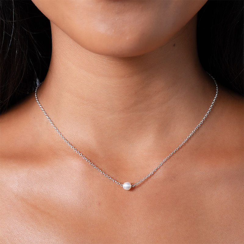 Pearl Necklace, on neck silver chain