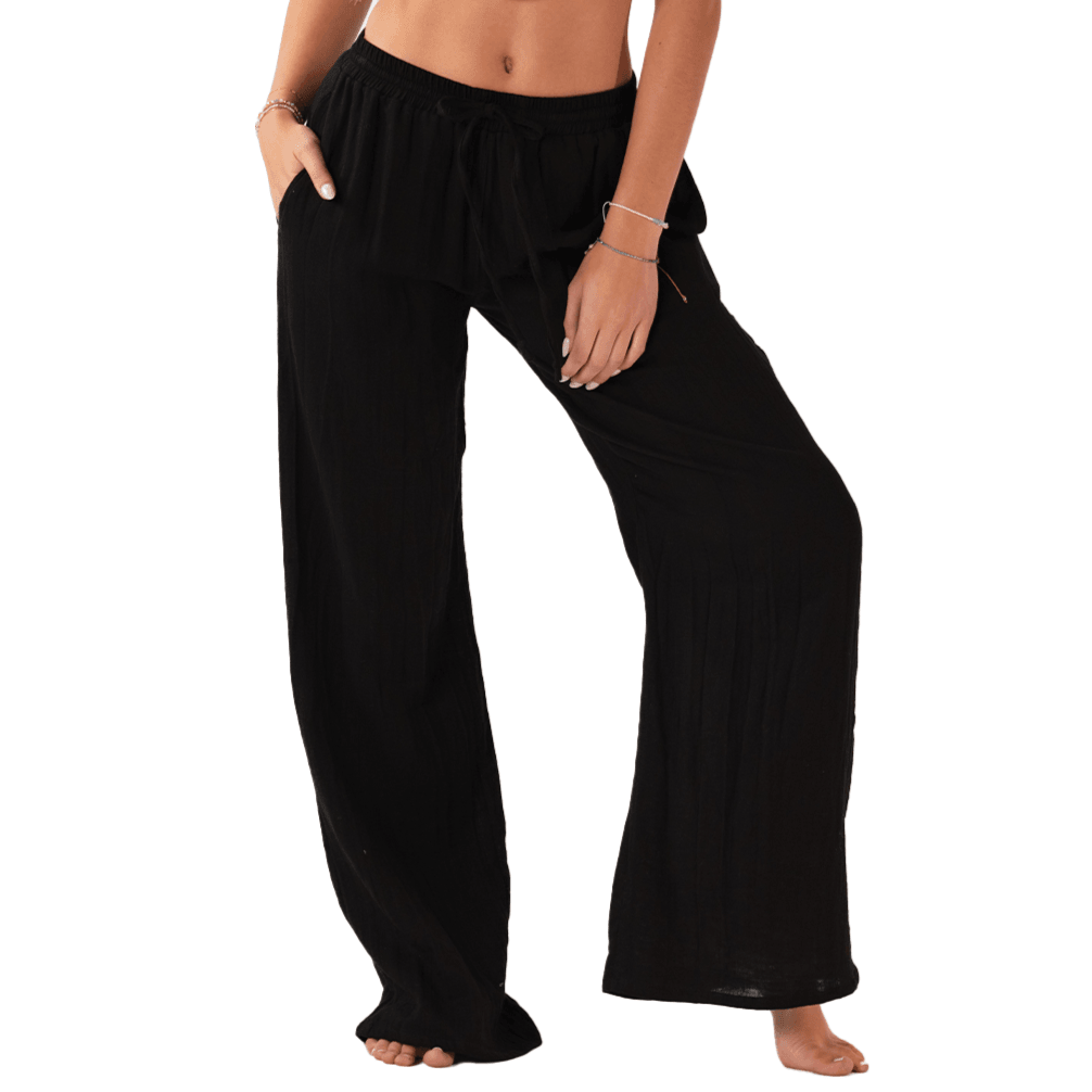 Black Wide Leg Cotton Drawstring Pants With Pockets - LotusAndLuna
