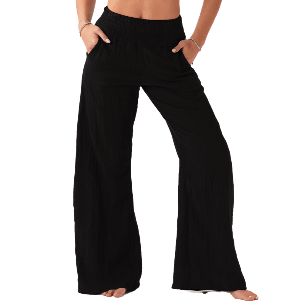 Black Wide Leg Cotton Pants with Pockets - LotusAndLuna