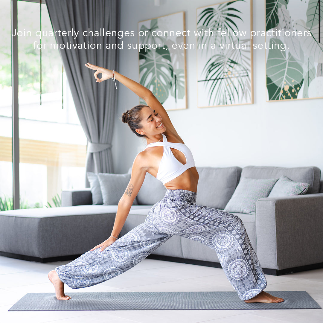 model doing yoga in a tranquil living room 