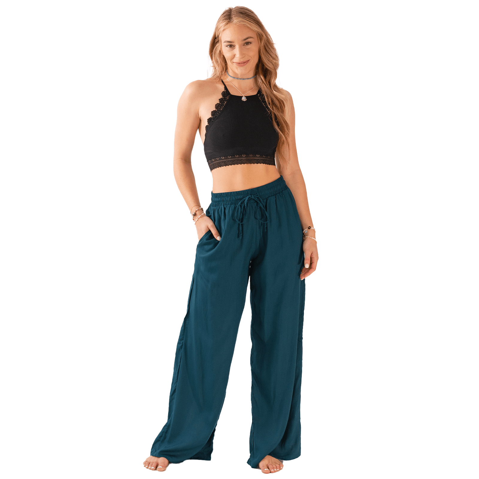 Deep Teal Wide Leg Drawstring Pants | Lotus and Luna - LotusAndLuna
