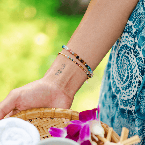 Dainty bracelet with assorted multi-color stones and gold beads- LotusAndLuna