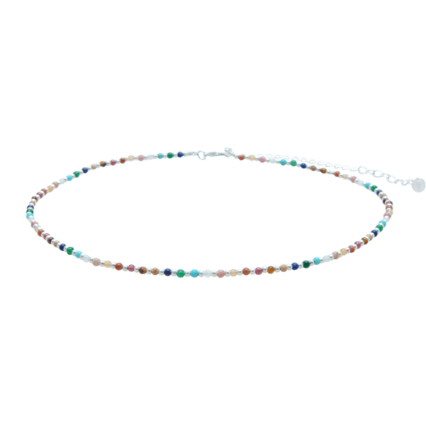 Dainty necklace with assorted multi-color stones and silver beads