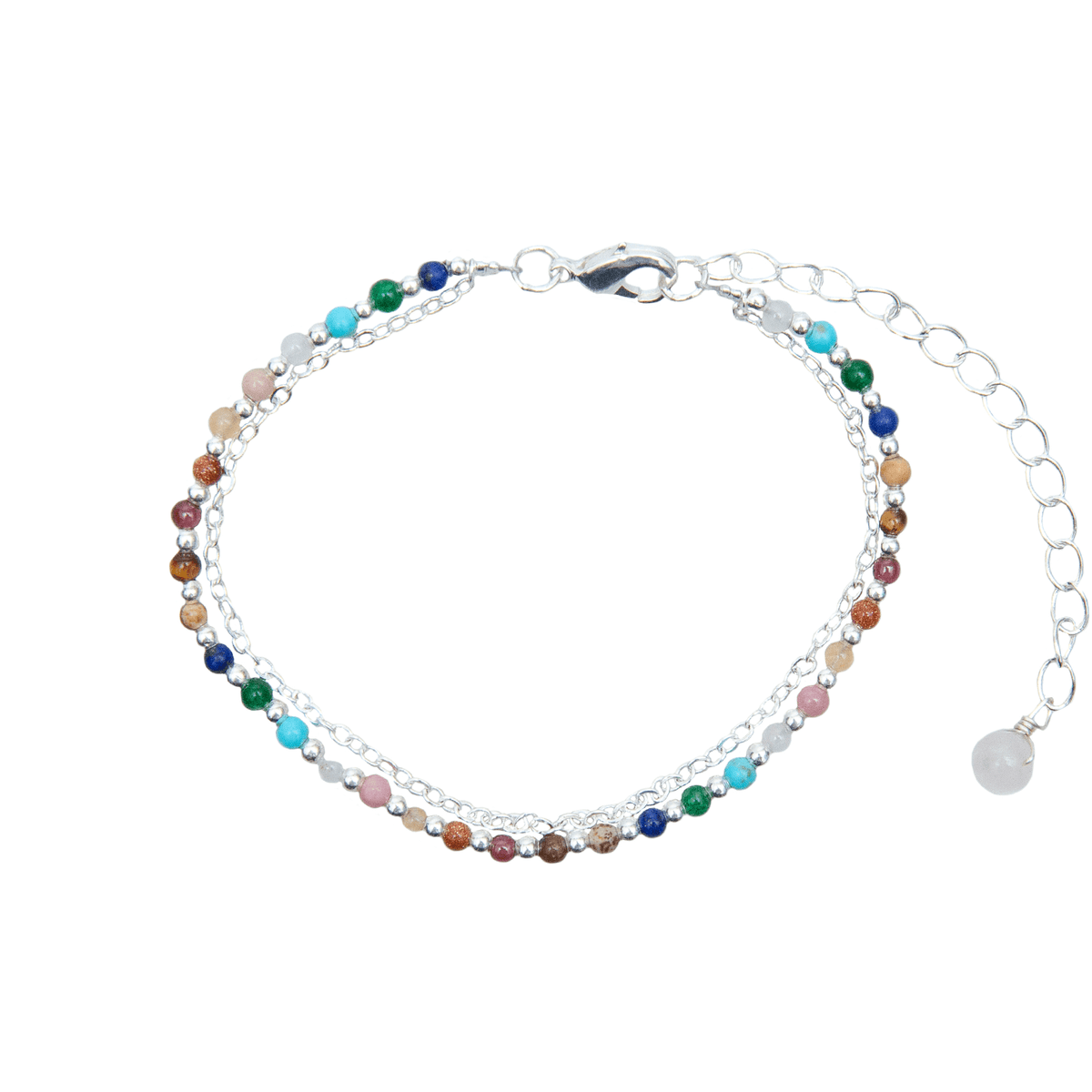 Layered bracelet with rainbow stone and silver bead bracelet and a dainty silver chain bracelet