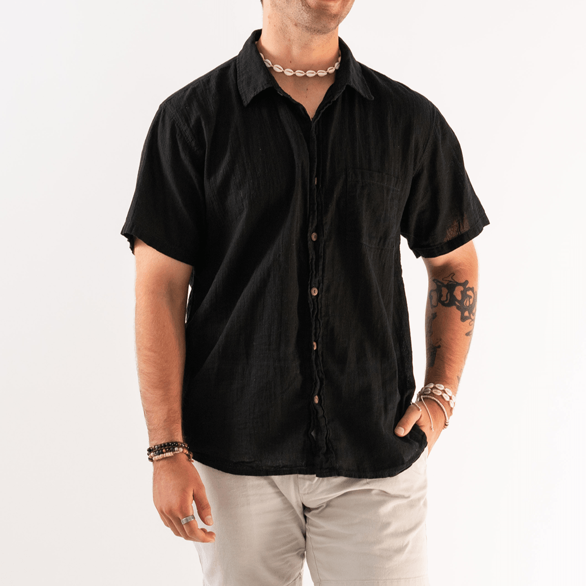 Men&#39;s Black Cotton Button Up Shirt - LotusAndLuna