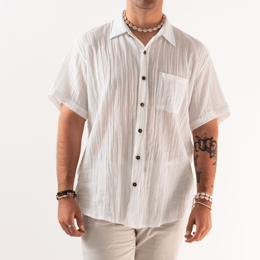 Men's White Cotton Button Up Shirt - LotusAndLuna